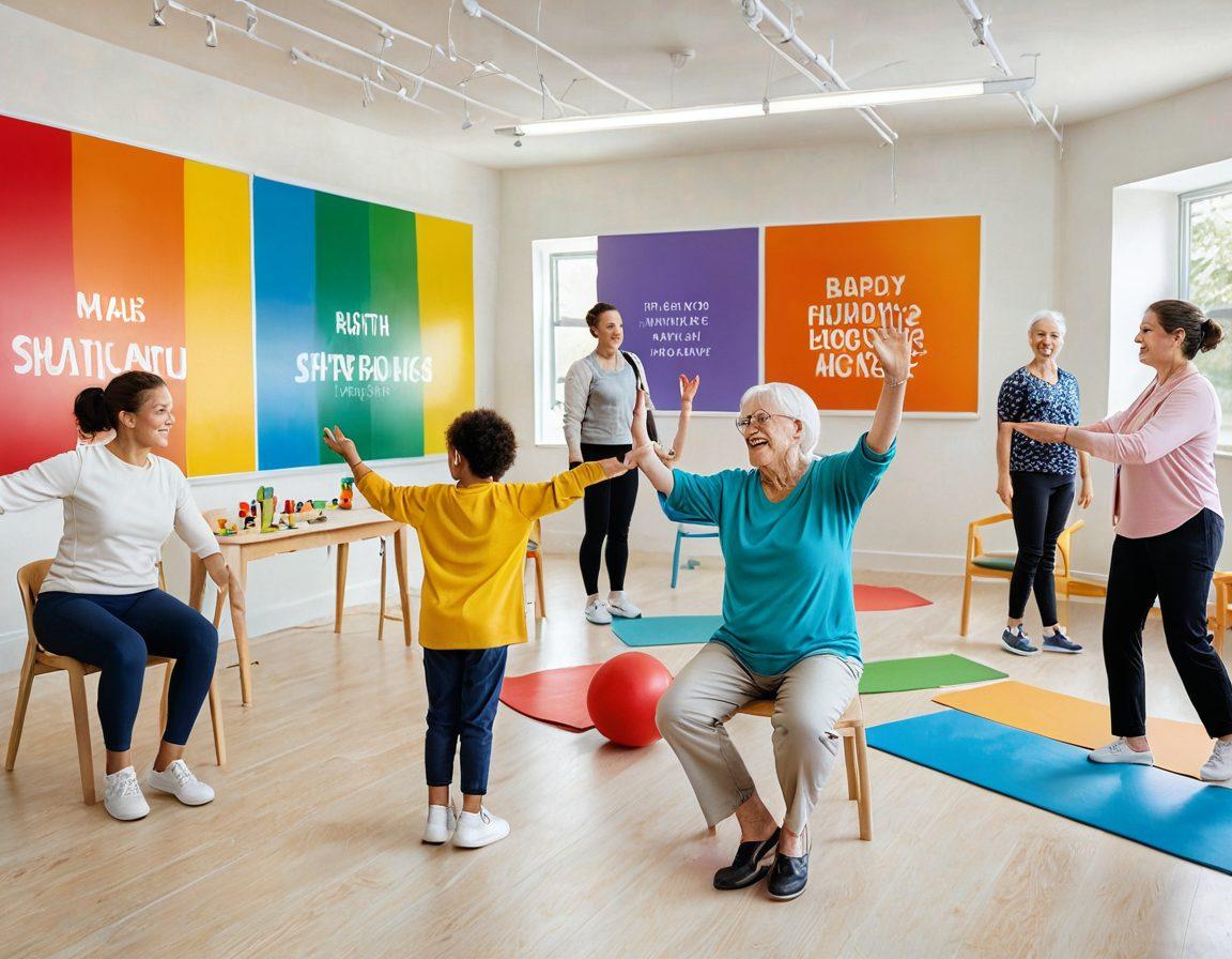 An inspiring scene featuring a diverse group of people of all ages engaged in dynamic movements, illustrating the Bobath Approach. Include a therapist passionately guiding a child and an elderly person in synchronized activities that emphasize balance and coordination. The background should depict a bright, airy therapy room with motivational quotes on the walls. Vibrant colors and a sense of movement should dominate the image. super-realistic. vibrant colors. bright therapy room.