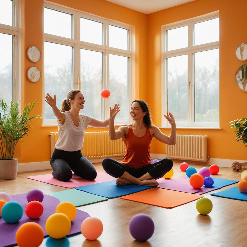 A vibrant scene depicting a joyful rehabilitation session, showcasing diverse individuals engaging in playful movement exercises under the guidance of a warm therapist. Bright colors highlight the happiness and energy in the room, with playful props like colorful balls and soft mats. Sunlight streams through large windows, creating a sense of hope and warmth. The atmosphere conveys joy and connection, embodying the essence of the Bobath Therapy Approach. super-realistic. vibrant colors. warm ambiance.
