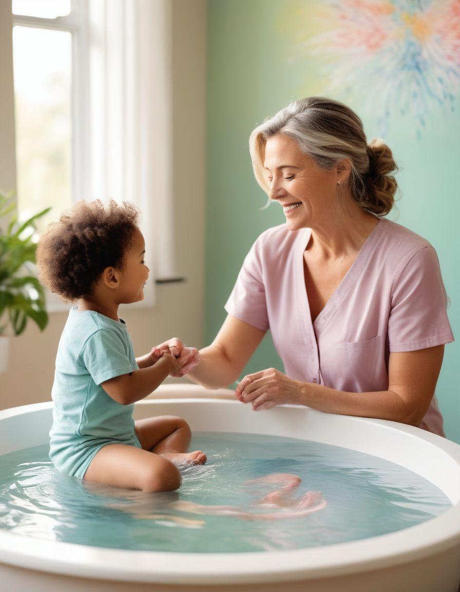 A heartwarming illustration depicting a therapist engaging joyfully with a child during a Bobath therapy session, showing vibrant interactions filled with laughter and movement. The background features soft pastel colors, symbolizing growth and healing, while subtle images of stroke recovery elements like brain diagrams and nurturing hands flow around them. This image captures the essence of joy, recovery, and development. vibrant colors. soft pastels. super-realistic.
